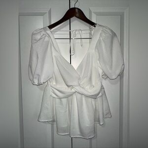 Mi Ami Lightweight Puff Sleeve Open Back Blouse White NWT S